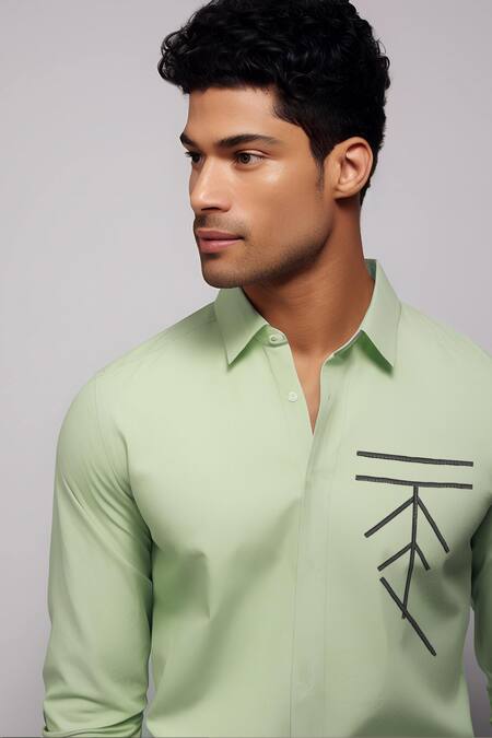 Shop_Hespoke_Green Cotton, Lycra Embroidery Geometric Casual Shirt _Online_at_Aza_Fashions