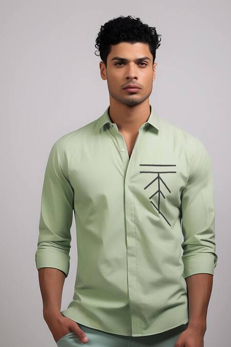 Hespoke_Green Cotton, Lycra Embroidery Geometric Casual Shirt _at_Aza_Fashions