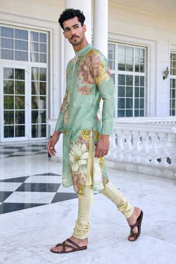 Kalista Green Chanderi Ilyaz Floral Printed Kurta Set Online at Aza Fashions Kalista_Green Chanderi Ilyaz Floral Printed Kurta Set _Online_at_Aza_Fashions