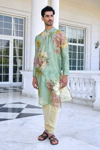 Buy Kalista Green Chanderi Ilyaz Floral Printed Kurta Set Online at Aza Fashions Buy_Kalista_Green Chanderi Ilyaz Floral Printed Kurta Set _Online_at_Aza_Fashions