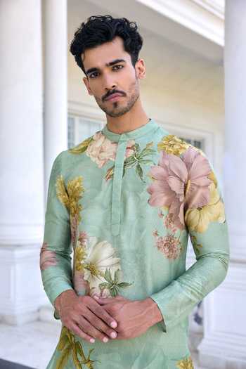 Shop Kalista Green Chanderi Ilyaz Floral Printed Kurta Set Online at Aza Fashions Shop_Kalista_Green Chanderi Ilyaz Floral Printed Kurta Set _Online_at_Aza_Fashions
