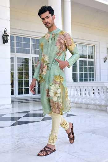 Kalista Green Chanderi Ilyaz Floral Printed Kurta Set at Aza Fashions Kalista_Green Chanderi Ilyaz Floral Printed Kurta Set _at_Aza_Fashions