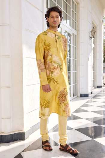 Buy Kalista Yellow Chanderi Ilyaz Floral Printed Kurta Set Online at Aza Fashions Buy_Kalista_Yellow Chanderi Ilyaz Floral Printed Kurta Set _Online_at_Aza_Fashions