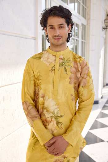 Shop Kalista Yellow Chanderi Ilyaz Floral Printed Kurta Set Online at Aza Fashions Shop_Kalista_Yellow Chanderi Ilyaz Floral Printed Kurta Set _Online_at_Aza_Fashions