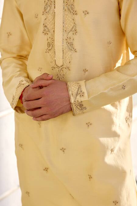 Kalista_Yellow Chanderi Embroidery Farmaan Light Kurta Set _Online_at_Aza_Fashions