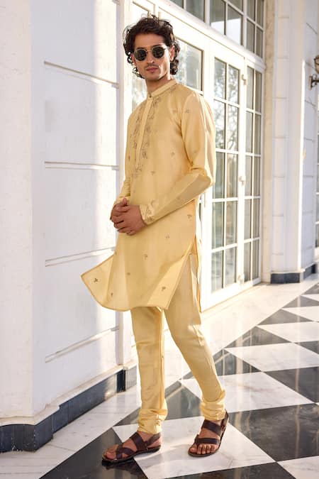 Buy_Kalista_Yellow Chanderi Embroidery Farmaan Light Kurta Set _Online_at_Aza_Fashions