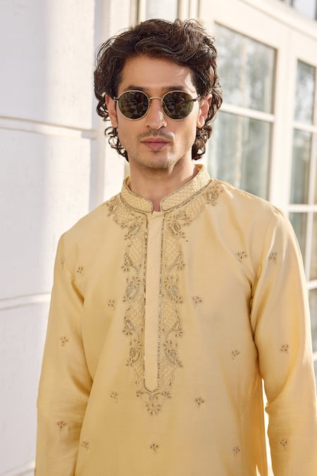 Shop_Kalista_Yellow Chanderi Embroidery Farmaan Light Kurta Set _Online_at_Aza_Fashions