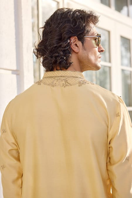 Kalista_Yellow Chanderi Embroidery Farmaan Light Kurta Set _at_Aza_Fashions