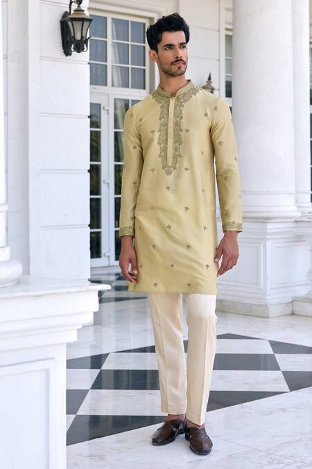 Shop Kalista Mint Chanderi, Viscose Embroidery Farmaan Kurta Set Online at Aza Fashions Shop_Kalista_Mint Chanderi, Viscose Embroidery Farmaan Kurta Set _Online_at_Aza_Fashions