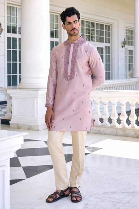 Shop Kalista Mauve Chanderi, Viscose Embroidery Ayaaz Dusty Kurta Set Online at Aza Fashions Shop_Kalista_Mauve Chanderi, Viscose Embroidery Ayaaz Dusty Kurta Set _Online_at_Aza_Fashions