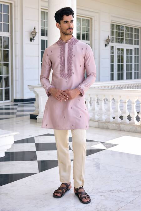 Kalista Mauve Chanderi, Viscose Embroidery Ayaaz Dusty Kurta Set at Aza Fashions Kalista_Mauve Chanderi, Viscose Embroidery Ayaaz Dusty Kurta Set _at_Aza_Fashions