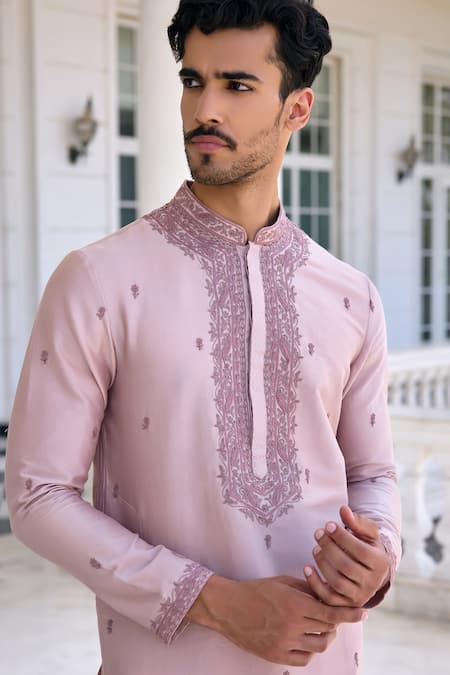 Shop Kalista Mauve Chanderi, Viscose Embroidery Ayaaz Dusty Kurta Set Shop_Kalista_Mauve Chanderi, Viscose Embroidery Ayaaz Dusty Kurta Set