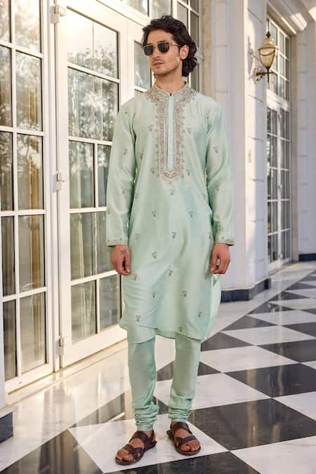 Shop_Kalista_Mint Chanderi Embroidery Esfhan Kurta Set _Online_at_Aza_Fashions