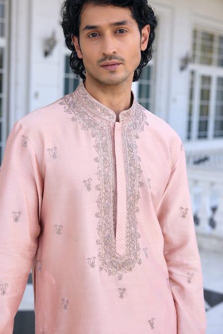 Buy_Kalista_Pink Chanderi Embroidery Esfhan Dusty Kurta Set _Online_at_Aza_Fashions