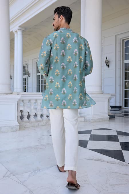 Kalista Yasir Printed Aqua Kurta Set With Ivory Pants 