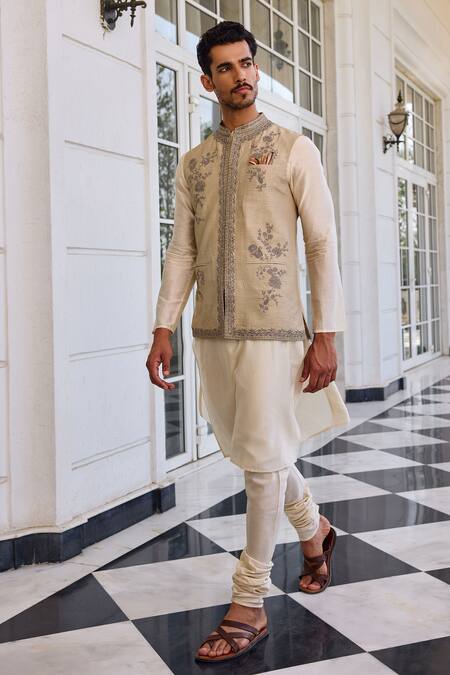 Buy_Kalista_Ivory Chanderi Embroidery Nazeer Nehru Jacket Set _Online_at_Aza_Fashions