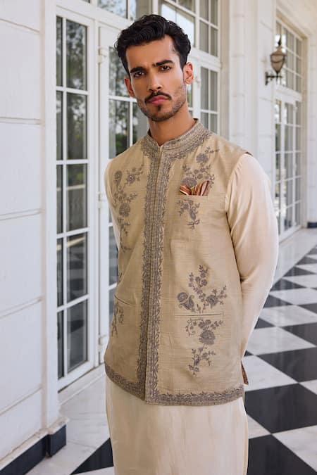 Kalista_Ivory Chanderi Embroidery Nazeer Nehru Jacket Set _at_Aza_Fashions