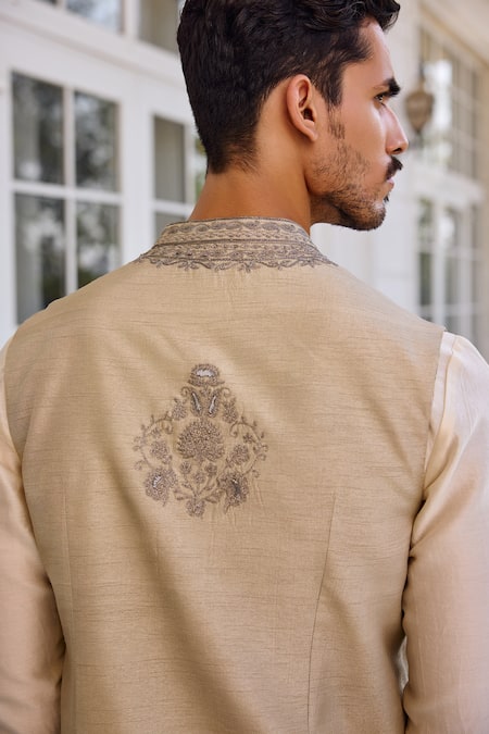 Shop_Kalista_Ivory Chanderi Embroidery Nazeer Nehru Jacket Set 