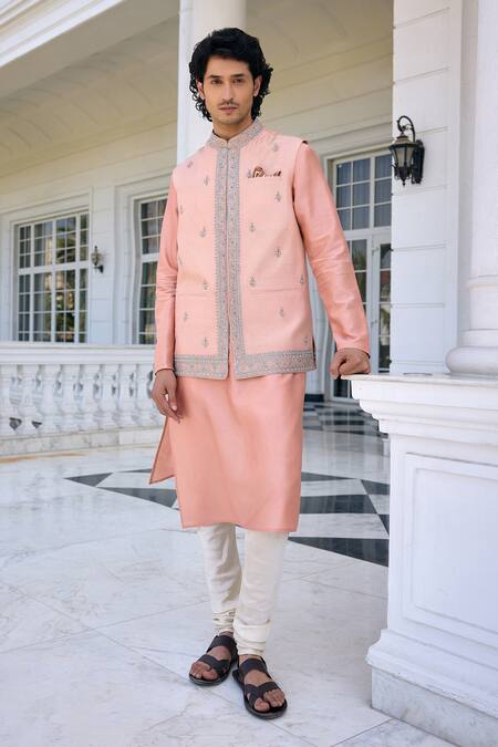 Buy Kalista Pink Chanderi Sequins, Embroidery Zunaid Salmon Nehru Jacket Set Online at Aza Fashions Buy_Kalista_Pink Chanderi Sequins, Embroidery Zunaid Salmon Nehru Jacket Set _Online_at_Aza_Fashions