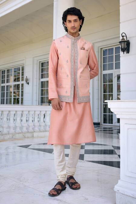 Shop Kalista Pink Chanderi Sequins, Embroidery Zunaid Salmon Nehru Jacket Set Online at Aza Fashions Shop_Kalista_Pink Chanderi Sequins, Embroidery Zunaid Salmon Nehru Jacket Set _Online_at_Aza_Fashions