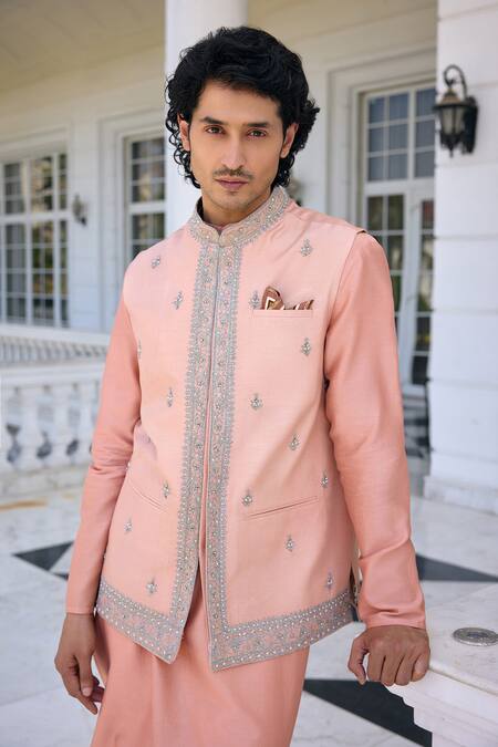 Kalista Pink Chanderi Sequins, Embroidery Zunaid Salmon Nehru Jacket Set at Aza Fashions Kalista_Pink Chanderi Sequins, Embroidery Zunaid Salmon Nehru Jacket Set _at_Aza_Fashions