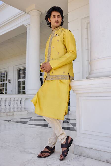 Kalista_Yellow Chanderi Embroidery Zunaid Kurta Set _at_Aza_Fashions