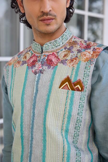 Kalista_Aqua Chanderi Embroidery Arav Kurta Bundi Set _Online_at_Aza_Fashions