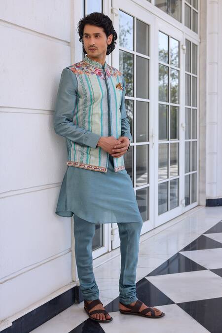Buy_Kalista_Aqua Chanderi Embroidery Arav Kurta Bundi Set _Online_at_Aza_Fashions