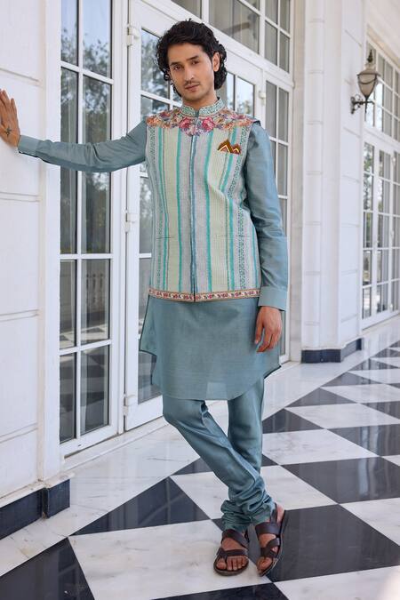 Kalista_Aqua Chanderi Embroidery Arav Kurta Bundi Set _at_Aza_Fashions