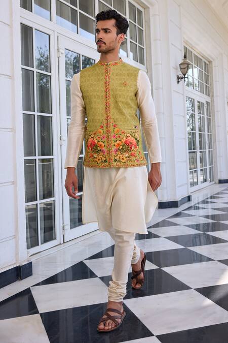Kalista_Ivory Chanderi Embroidery Tahir Nehru Jacket Set _Online_at_Aza_Fashions