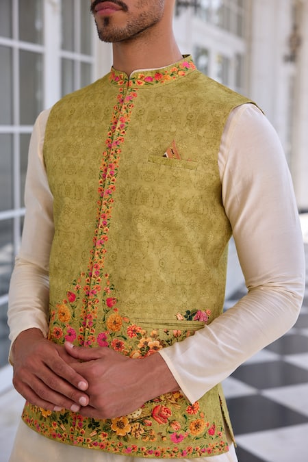 Buy_Kalista_Ivory Chanderi Embroidery Tahir Nehru Jacket Set _Online_at_Aza_Fashions