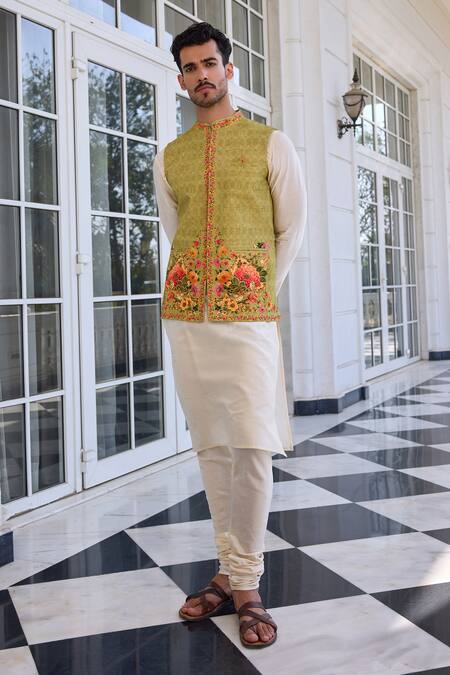 Shop_Kalista_Ivory Chanderi Embroidery Tahir Nehru Jacket Set _Online_at_Aza_Fashions
