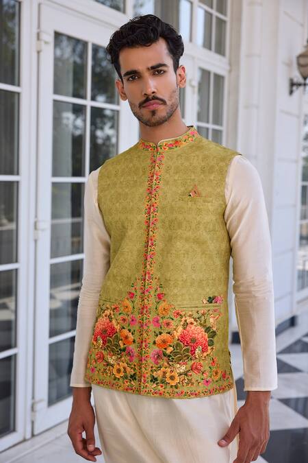 Kalista_Ivory Chanderi Embroidery Tahir Nehru Jacket Set _at_Aza_Fashions