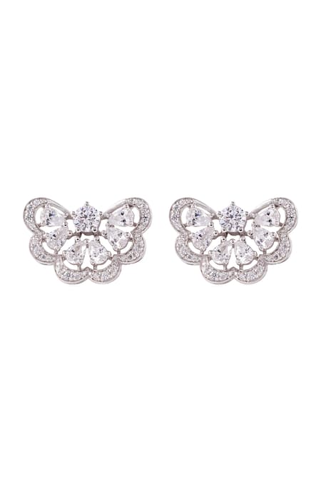 Shop Prata White Crystals Fleuris Half Embellished Studs at Aza Fashions Shop_Prata_White Crystals Fleuris Half Embellished Studs _at_Aza_Fashions