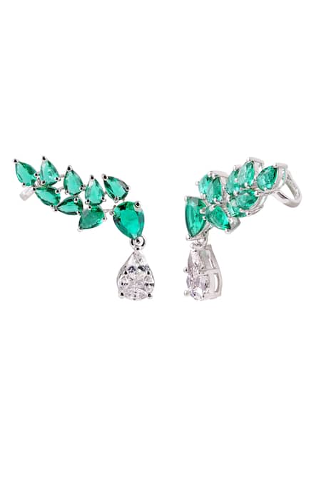 Prata Green Stones Rhodium Plated Ear Cuff Online at Aza Fashions Prata_Green Stones Rhodium Plated Ear Cuff _Online_at_Aza_Fashions