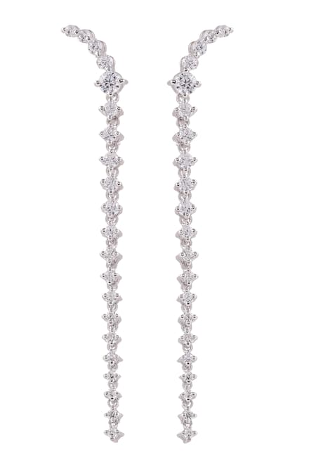 Shop Prata White Crystals Rhodium Plated Linea Drop Earrings at Aza Fashions Shop_Prata_White Crystals Rhodium Plated Linea Drop Earrings _at_Aza_Fashions