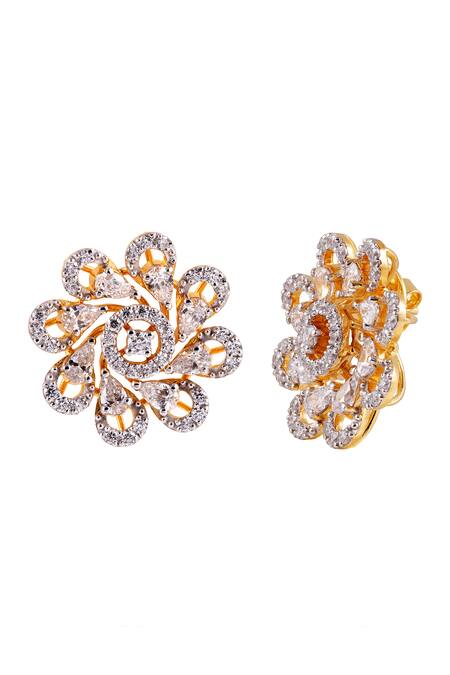 Prata_White Crystals Designer Floral Stud Earrings _Online_at_Aza_Fashions