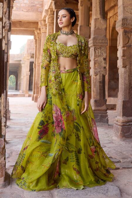 Awigna_Green Organza Beads, Sequins Round Neck Designer Jacket Set_Online_at_Aza_Fashions