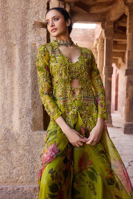 Awigna_Green Organza Beads, Sequins Round Neck Designer Jacket Set_at_Aza_Fashions