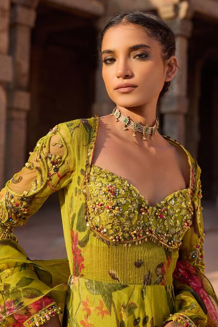 Buy_Awigna_Green Organza Beads, Sequins, Embroidery Sweetheart Floral Print Anarkali Set_Online_at_Aza_Fashions