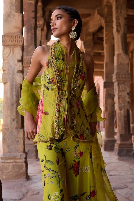 Awigna_Green Georgette Embroidery Asymmetric Floral Print Kurta Set_Online_at_Aza_Fashions