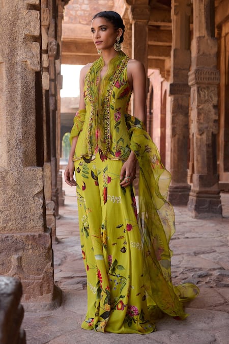 Buy_Awigna_Green Georgette Embroidery Asymmetric Floral Print Kurta Set_Online_at_Aza_Fashions