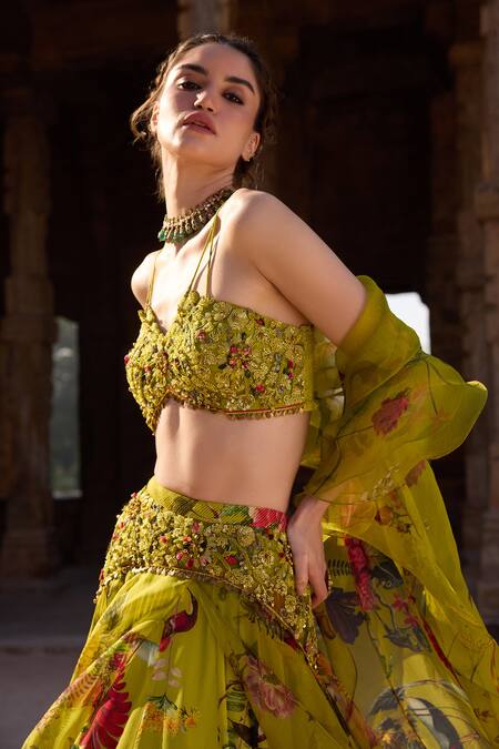 Awigna Green Organza, Georgette Embroidery, Sequins, Beads Floral Print Lehenga Set Online at Aza Fashions Awigna_Green Organza, Georgette Embroidery, Sequins, Beads Floral Print Lehenga Set_Online_at_Aza_Fashions