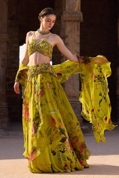 Buy Awigna Green Organza, Georgette Embroidery, Sequins, Beads Floral Print Lehenga Set Online at Aza Fashions Buy_Awigna_Green Organza, Georgette Embroidery, Sequins, Beads Floral Print Lehenga Set_Online_at_Aza_Fashions