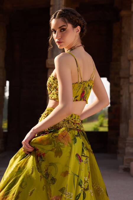 Shop Awigna Green Organza, Georgette Embroidery, Sequins, Beads Floral Print Lehenga Set at Aza Fashions Shop_Awigna_Green Organza, Georgette Embroidery, Sequins, Beads Floral Print Lehenga Set_at_Aza_Fashions
