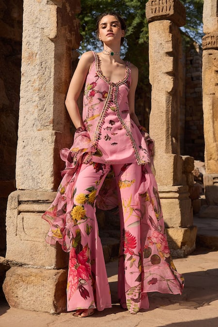 Buy_Awigna_Pink Organza, Georgette Beads Scoop Neck Floral Print Kurta Set_Online_at_Aza_Fashions