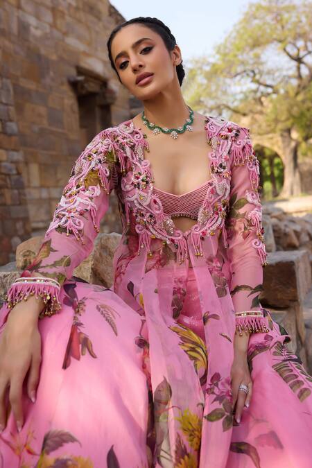 Awigna_Pink Organza Tassels, Embroidery V-neck Floral Print Kurta Set_Online_at_Aza_Fashions