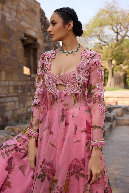 Buy_Awigna_Pink Organza Tassels, Embroidery V-neck Floral Print Kurta Set_Online_at_Aza_Fashions