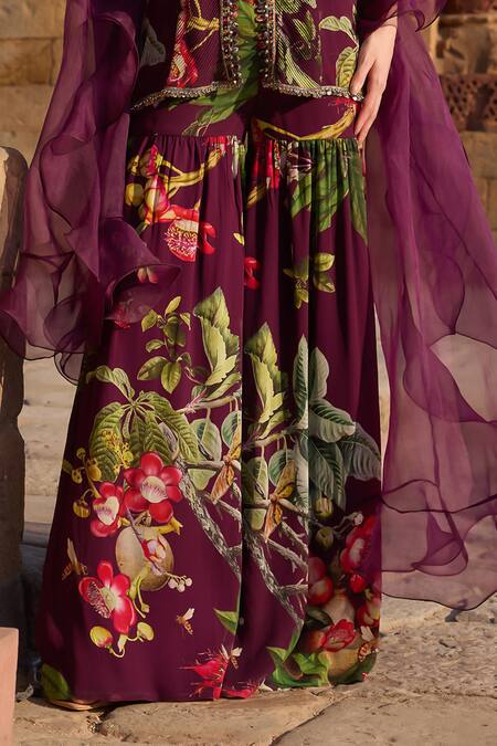 Awigna_Purple Georgette Beads V-neck Floral Printed Kurta Set_Online_at_Aza_Fashions