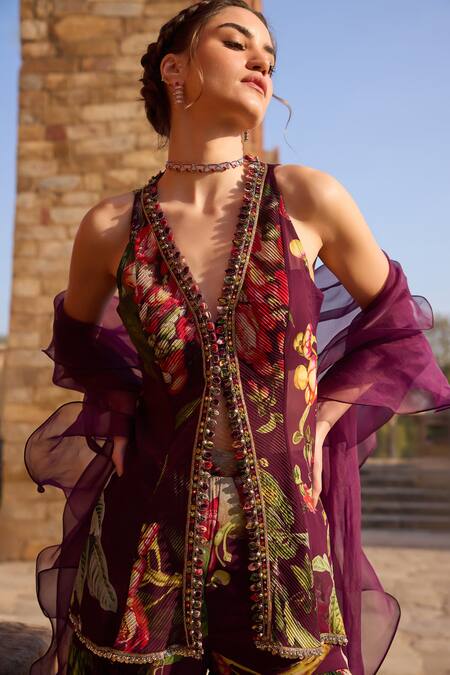 Buy_Awigna_Purple Georgette Beads V-neck Floral Printed Kurta Set_Online_at_Aza_Fashions